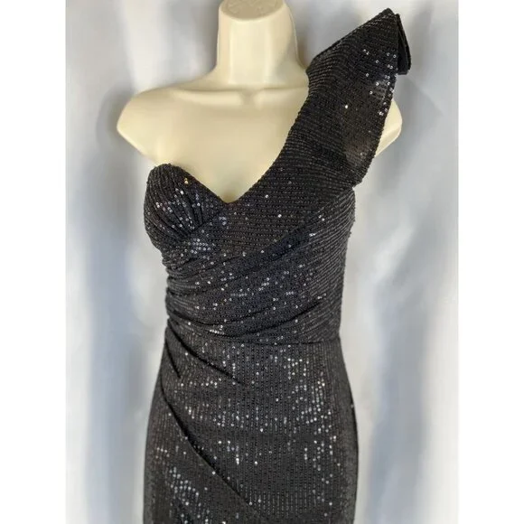 JVN by Jovani Black Sequin One Shoulder Ruffle Formal Gown $410